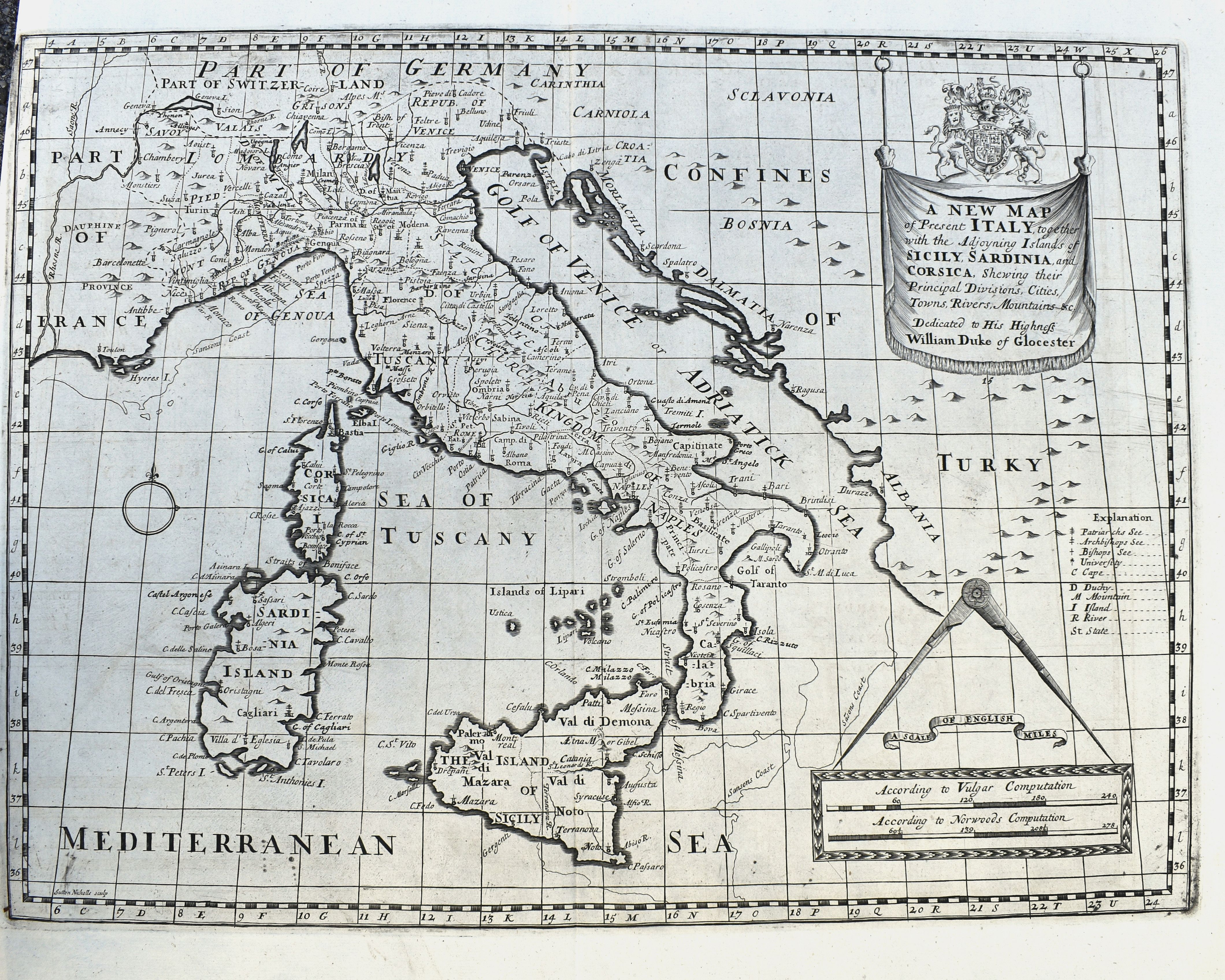 WELLS, E., A New Map of Present Italy, together with the Adjoining Islands of Sicily, Sardinia, and Corsica. . ., antique map, old maps