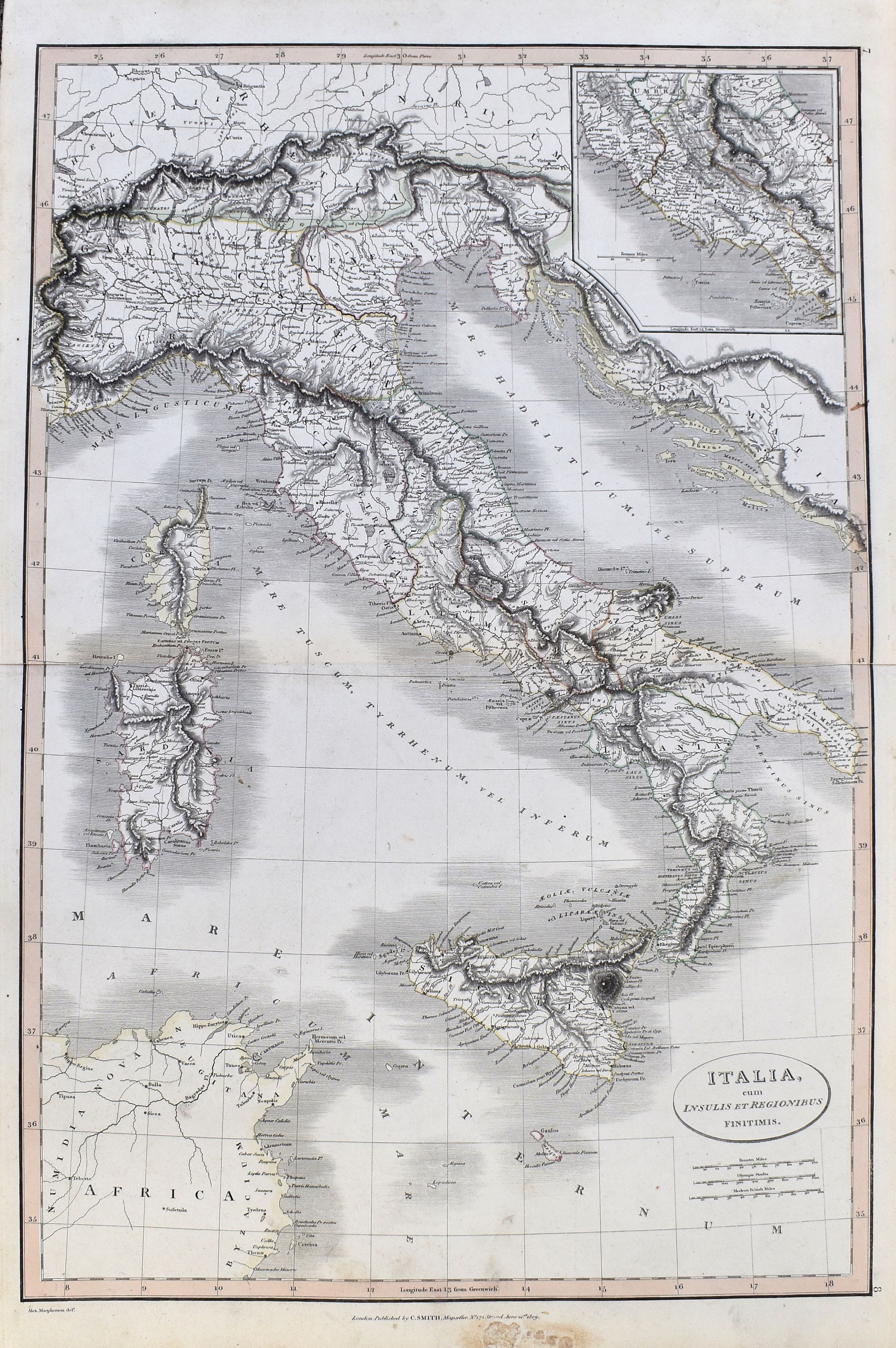 SMITH, C., Italia, cum insulis et regionibus finitimis., antique map, old maps