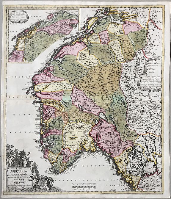 WIT, Frederick de, Regni Norvegia, Nova Tabula in quinque Praefecturas Generalis Aggerhusiensem, Bergensem, Nidrosiensem. . ., antique map, old maps