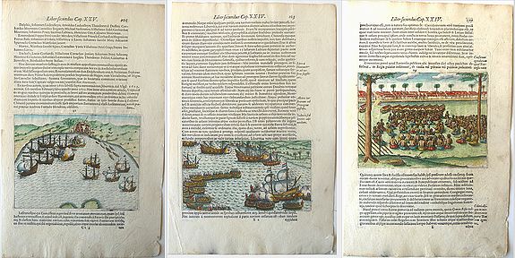 PONTANUS, J.A., Banten on Banten Bay, and a sea battle with the Portuguese at the Bay (3 leaves)., antique map, old maps