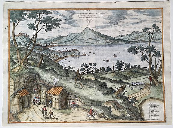 BRAUN, Georg and Hogenberg, Franz , Elegantissimus ad mare Thyrrenum ex monte Pausillipo Neapolis montisque Vesuvij prospectus., antique map, old maps