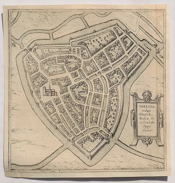 BRAUN & HOGENBERG., Sneecha Vulgo Sneck Frisiae Occidentalis Oppodum., antique map, old maps