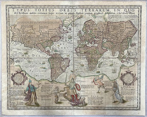 HONDIUS, J., Typus Totius Orbis Terrarum, In Quo & Christiani militis certamen super terram. , antique map, old maps
