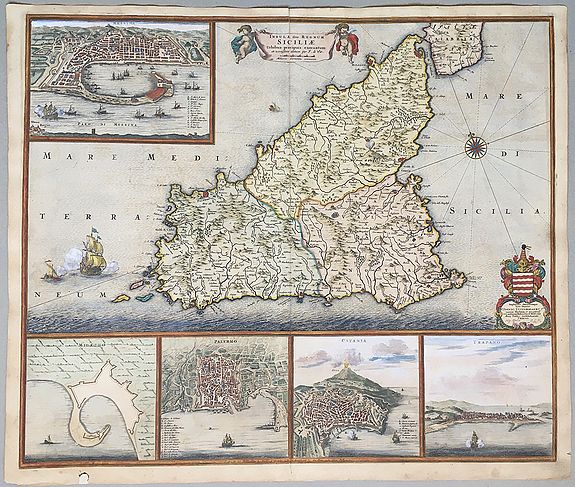 DE WIT, Frederik., Insula sive Regnum Siciliae Urbibus praecipuis exornatum., antique map, old maps