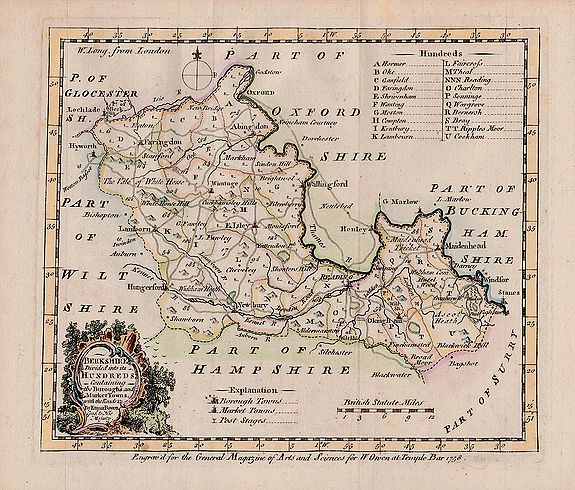 BOWEN, Emanuel , BERKSHIRE Divided into its HUNDREDS Containing the Buroughs and Market Towns, with the Roads &c By Eman: Bowen Geog. . . , antique map, old maps
