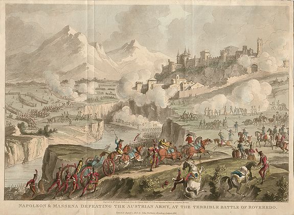 CRUIKSHANK, George., Napoleon & Massena Defeating The Austrian Army, At The Terrible Battle of Roveredo. , antique map, old maps