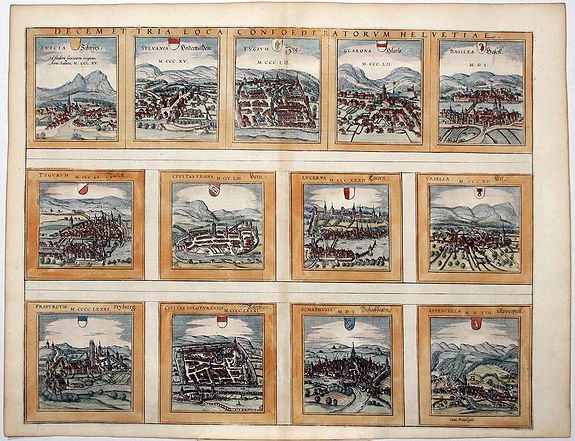 BRAUN, G. / HOGENBERG, F., DECEM ET TRIA LOCA CONFOEDERATORUM HELVETIAE. (13 views of Swiss cities), antique map, old maps