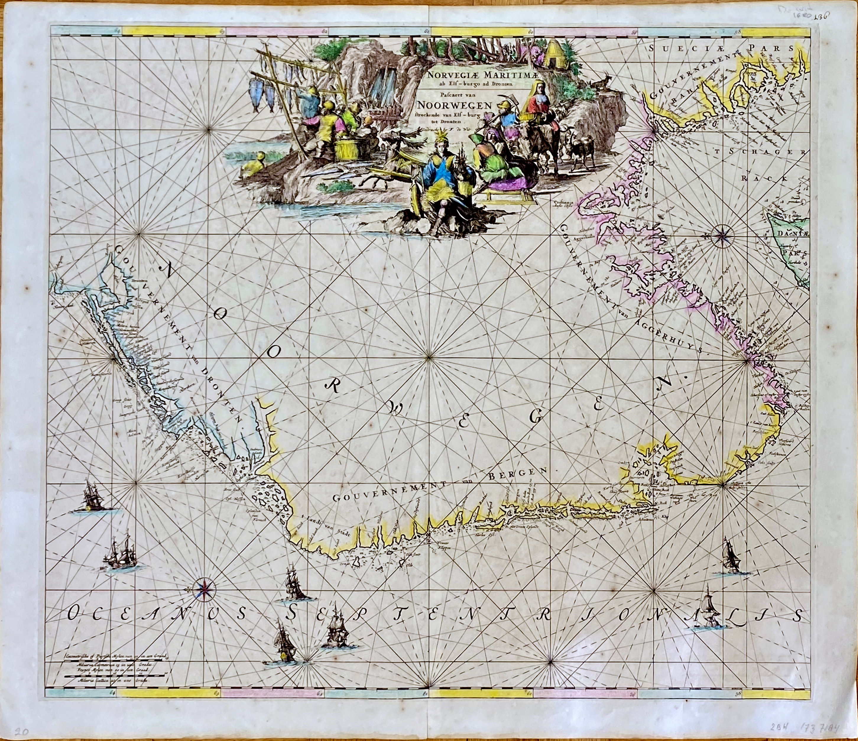 DE WIT, Frederick., Norvegiae Maritimae ab Elf-burgo ad Dronten / Pascaert van Noorwegen streckende van Elf-burg tot Dronten., antique map, old maps