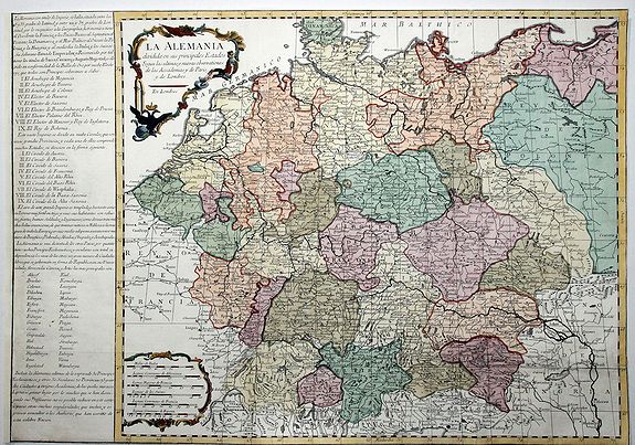 GENDRON, Pedro., La ALEMANIA dividida en sus principales Estados segun las ultimas y nuevas observationes de las Accademias y de Paris y de Londres., antique map, old maps