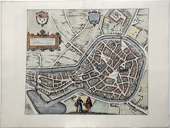 BRAUN, G. / HOGENBERG, F., Bergen op Zoom - Berga, ad Somam, Brabantiae Opp: a fluvi olo sic dicto,. . ., antique map, old maps