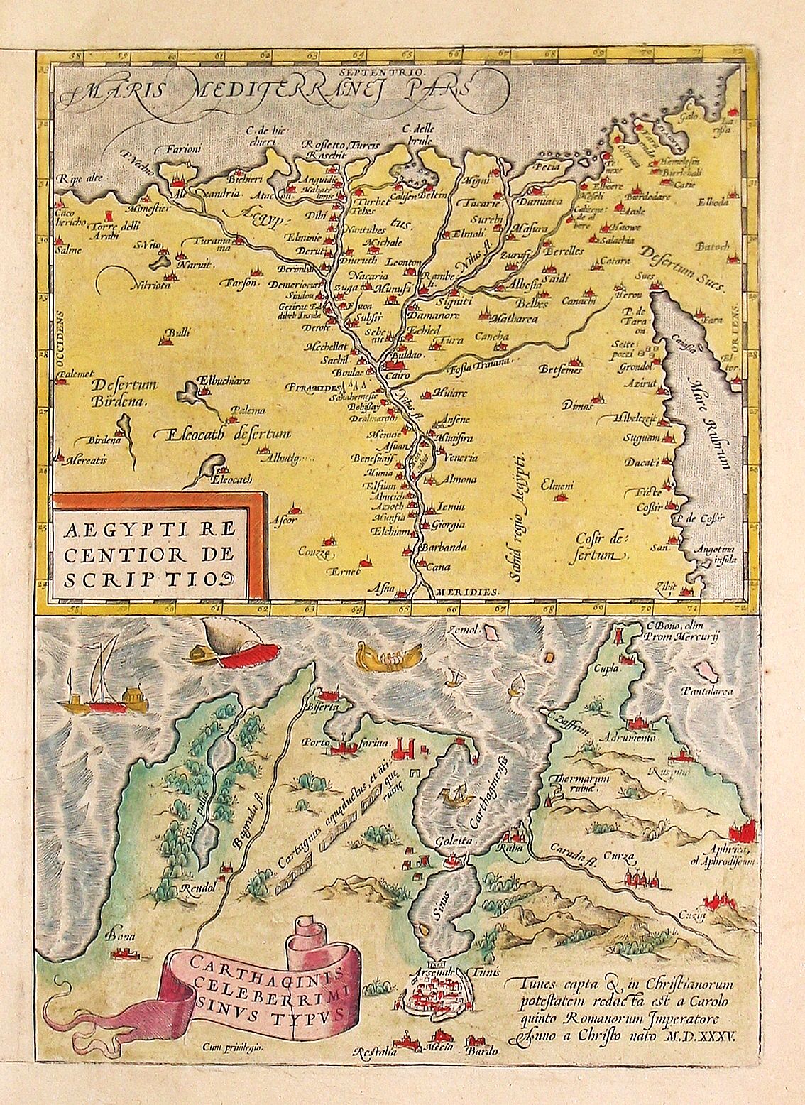 ORTELIUS, Abraham., Aegypti Recentior Descriptio / Carthaginis Celeberrimi Sinus Typus., antique map, old maps
