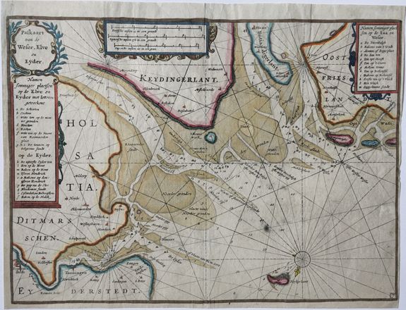 BLAEU, Wilem, Paskaart van de Weser, Elve en Eyder., antique map, old maps