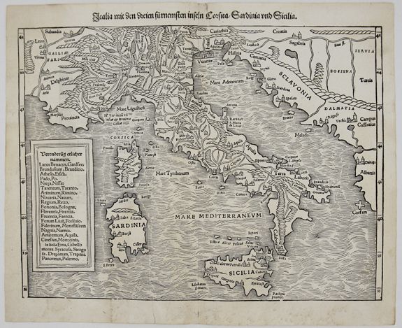 MUNSTER, S., Italia mit den Dreien Furnemsten Inseln Corsica / Sardinia und Sicilia., antique map, old maps