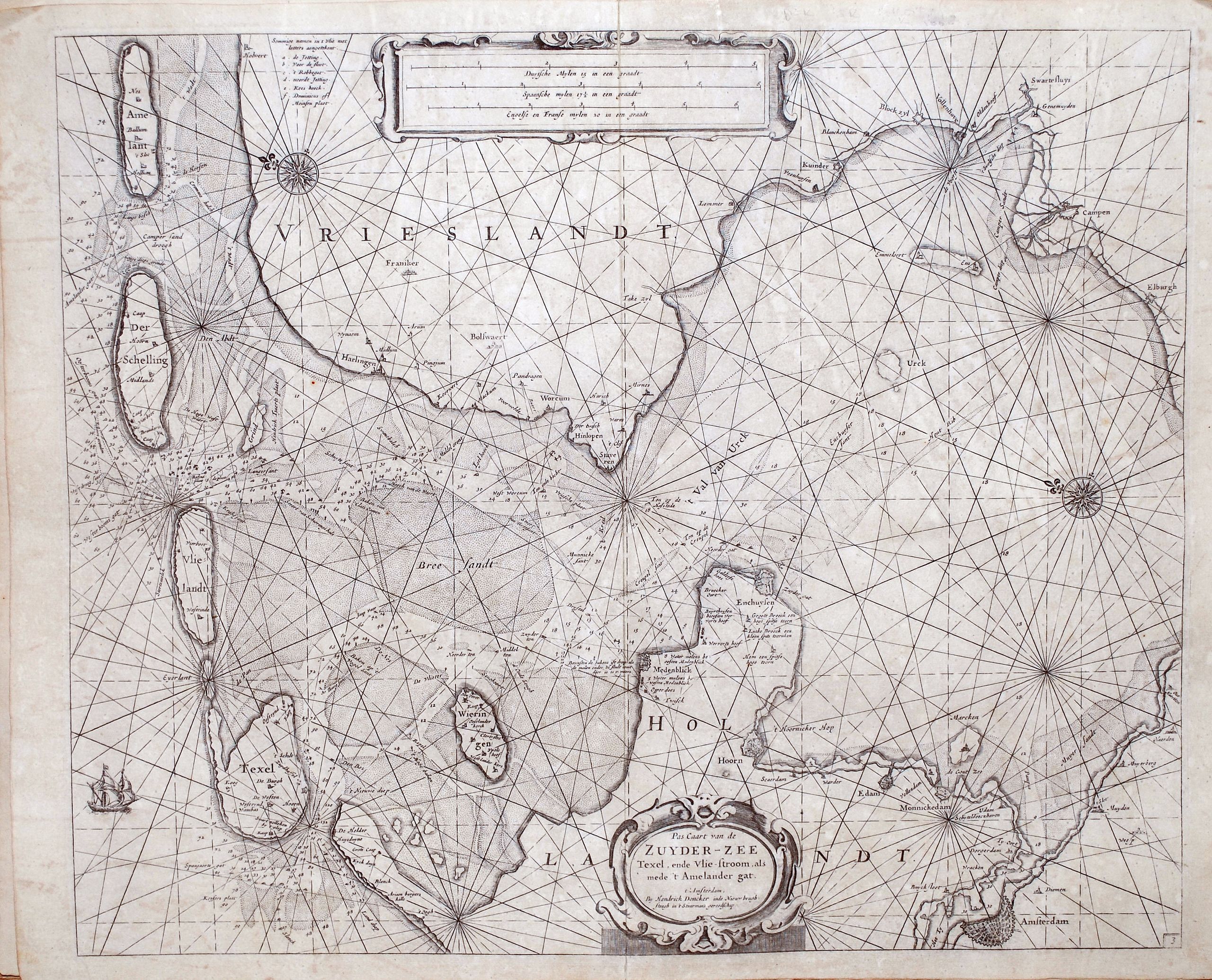 DONCKER, Hendrick, PAS CAART van de ZUYDER-ZEE. TEXEL. ende Vlie-stroom, alsmede 't Amerlander gat., antique map, old maps