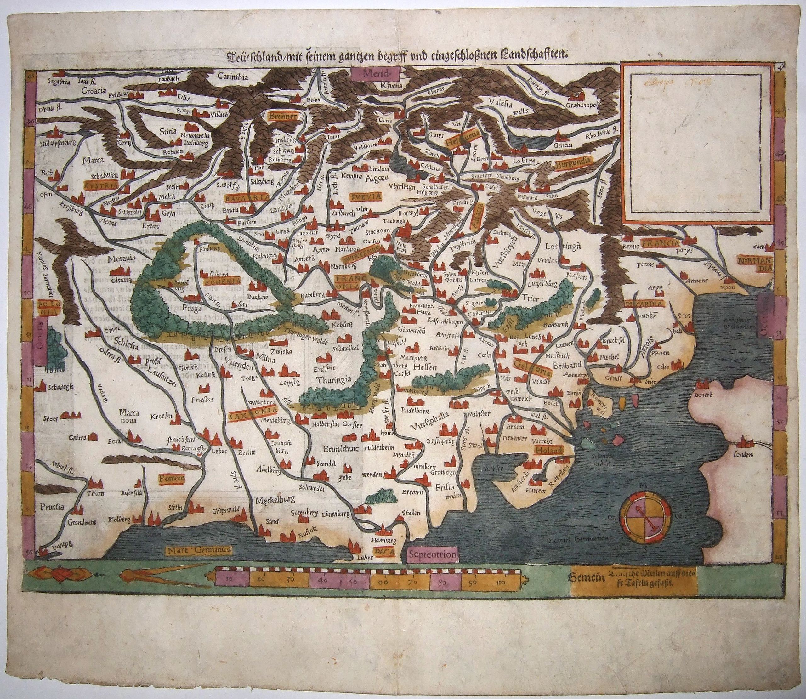 MÜNSTER, Sebastian., Teutschland,mit seinem gantzen begriff und eingeschlossnen Landschafften., antique map, old maps