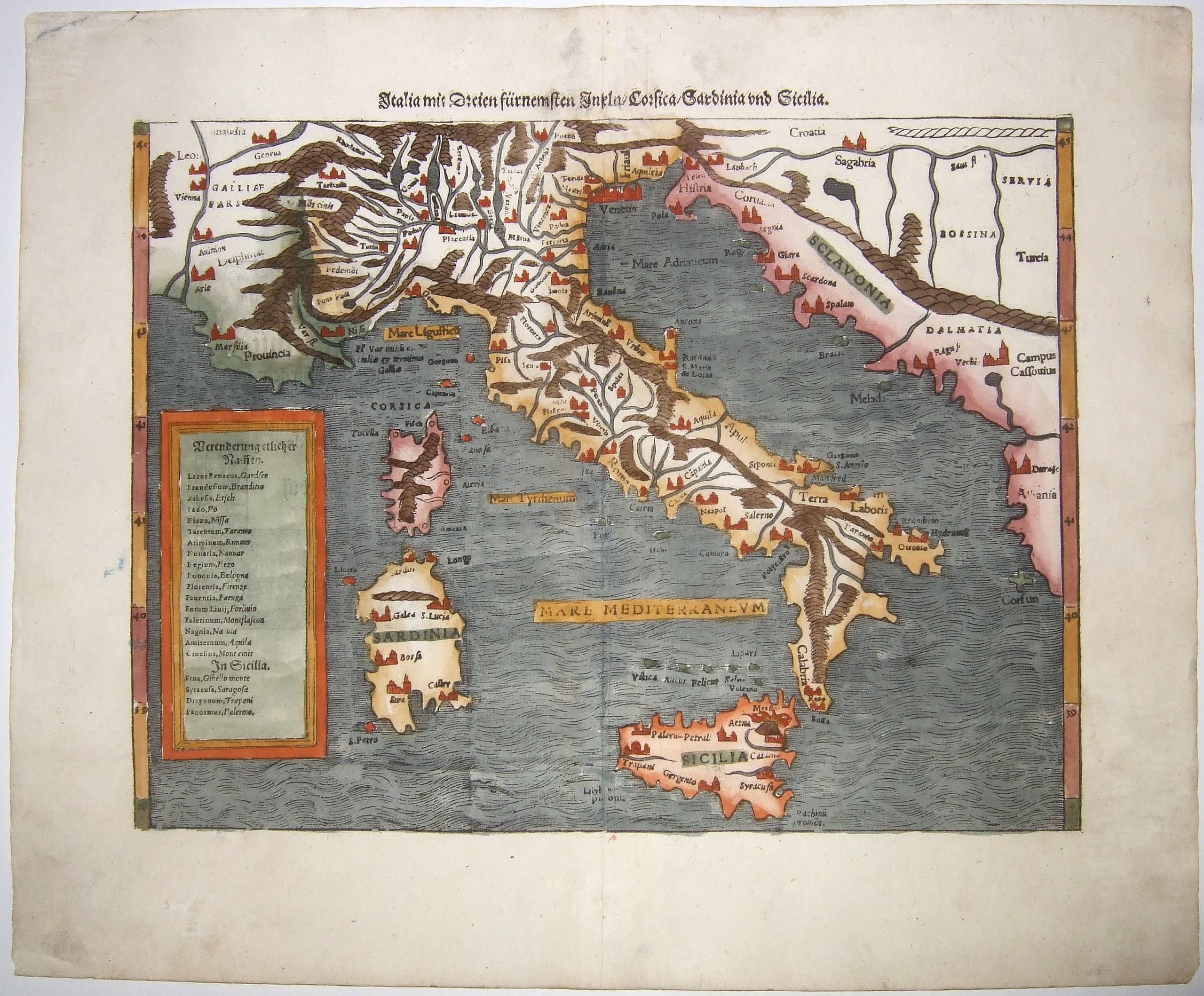 MÜNSTER, Sebastian., Italia mit Dreien Fuernemsten Inseln, Corsica, Sardinia, Sicilia., antique map, old maps