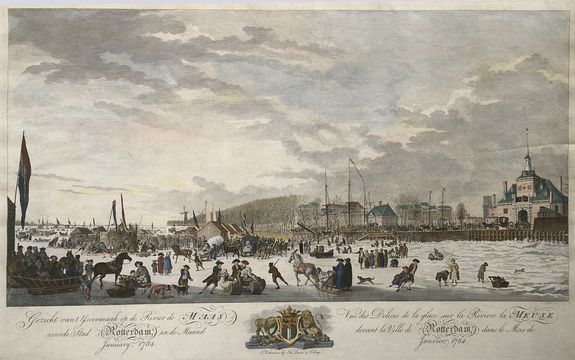 SALLIETH, T & KRAP, T., after ROODE, Th. de, Gezicht van 't IJsvermaak op de Rivier de Maas voor de Syad Rotterdam, in de Maand Januari, 1784 / Vue des Delices . . ., antique map, old maps