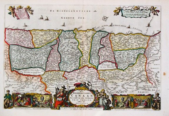 VISSCHER, Claes Jansz. , Het Beloofde Landt Canaan door wandelt van onsen Salichmaecker Iesus Christo, neffens syne Apostelen, antique map, old maps