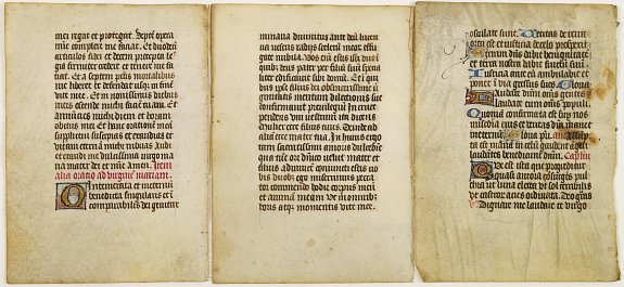ANONYMOUS., 3 Pages from a Book of hours., antique map, old maps