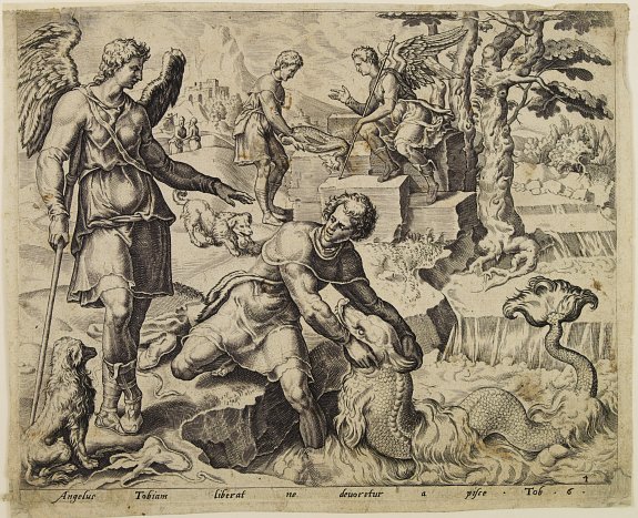 DE JODE, P.(?)., Angelus Tobiam liberat ne deuoretur a pisce Tob.6., antique map, old maps