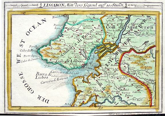 BODENEHR, G., LISSABON MITT DERO GEGEND AUFF 10. STUNDT, antique map, old maps