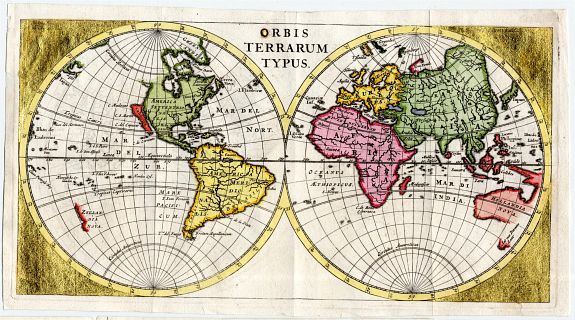 Cluver / Bertius, Orbis Terrarum Typus (heightened with gold leaf), antique map, old maps