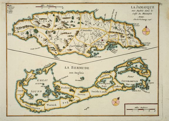 LE ROUGE, George Louis, La Jamaique aux Anglois dans le Golfe du Mexique; La Bermude aux Anglois, antique map, old maps