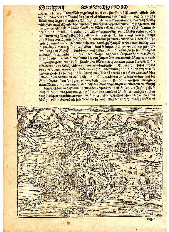 MÜNSTER, S., View of Algiers from Munster's Cosmographia, with portrait of the Ottoman pirate Barbarossa, antique map, old maps
