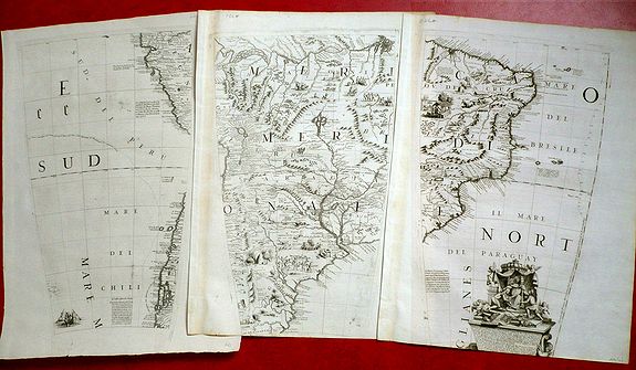 CORONELLI, V., A set of 3 Coronelli Globe gores,showing Brazil, Argentina, Chile and Peru., antique map, old maps