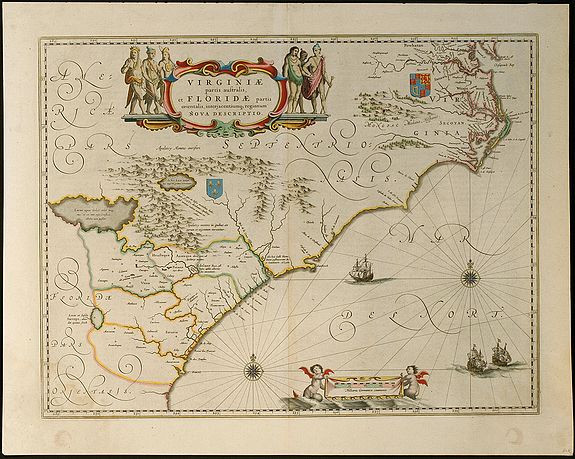 BLAEU, W.J., Virginiae Partis australis, et Floridae Partis Orientalis, interjacentiumq, regionum Nova Descripti, antique map, old maps