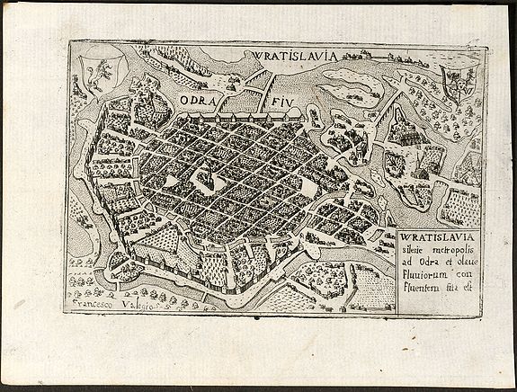 Valegio, F., Wratislavia silesie metropolis ad Odra et olaue Fluuiorum con fluentern sita est, antique map, old maps