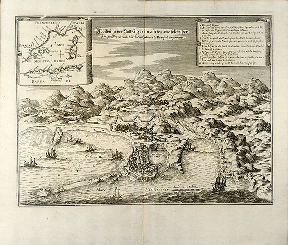 Merian, M., Abbildung der Statt Gigeri in affrica, wie solche der König in Franckreich durch den Hertzogen de Beaufort eingenohmen, antique map, old maps