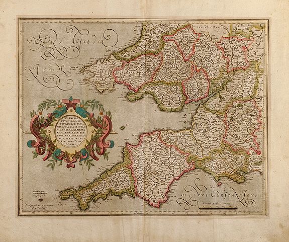 Mercator, G., Cornubia, Devonia, Somersetus, Dorcestria, Wiltonia, Glocestria Monumetha, Glamorgan, Caermarden, Penbrok, Cardigan, Radnor, Breknoke, Herefordia, & Wigornia, antique map, old maps