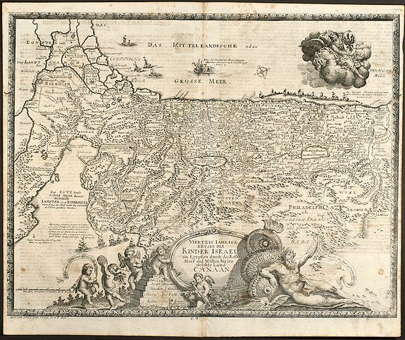 Anonymous., Viertzig Iõhrige Reysen der Kinder Israel aus Egypten durch das Rothe Meer und W³sten bis ins Gelobte Land Canaan, antique map, old maps