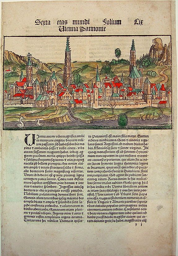 SCHEDEL, HARTMANN, Serta etas mundi Solium Lir Vienna Pannonie, antique map, old maps