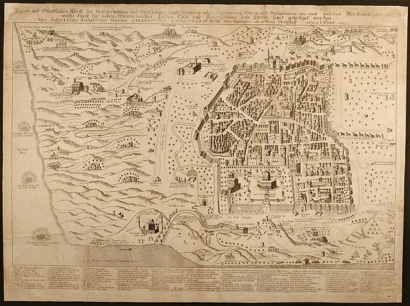 DE PIERRE, Wahrer und Grundlicher Abriss der Welt-beruhmten und Hochheiligen Stadt Jerusalem aller angrenzenden Oertern und Heiligt³mern wie auch anderer Merckwurdigkeiten welche durch das Leben, Wunderzeichen, Leiden, Todt, und Auferstehung Jesu Christi seynd gehei, antique map, old maps