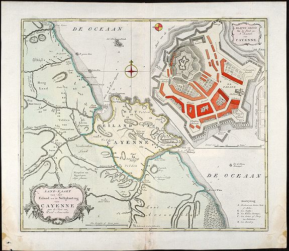 Tirion, I., Land-Kaart van het Eiland en de Volkplanting van Cayenne aan de Kust van Zuid-Amerika, antique map, old maps