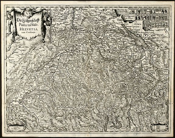 Merian, M., Die Eydtgnoschafft Punten und Wallis Helvetia cum Confinijs, antique map, old maps
