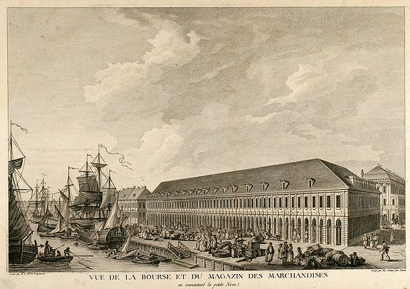 de Lespinasse, N.L., Vue de la Bourse et du Magazin des Marchandises en remontant la petite Neva, antique map, old maps