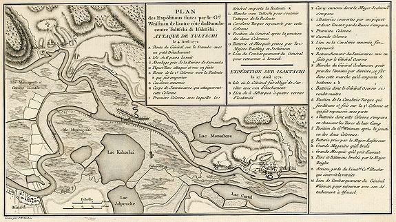 TARDIEU, P.F., Plan des Expéditions faites par le Gal. Weissman de l\'autre côté du Danube contre Tultschi & Isaktschi. Attaque de Tultschi le 4 Avril 1771, antique map, old maps