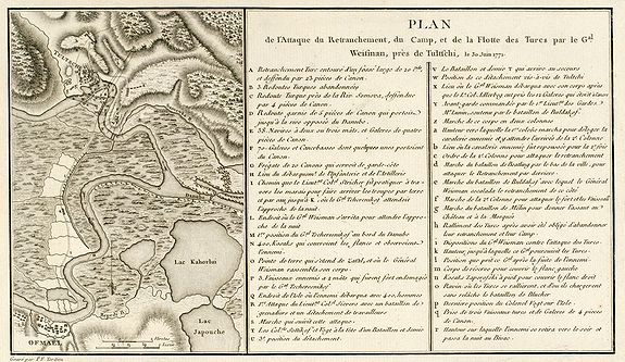TARDIEU, P.F., Plan de l\'Attaque du Retranchement, du Camp, et de la Flotte des Turcs par le Gal. Weisman, près de Tultschi, le 30 Juin 1771, antique map, old maps