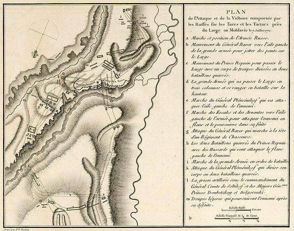 TARDIEU, P.F., Plan de l'Attaque & de la Victoire remportée par les Russes sur les Turcs et les Tartars près du Large en Moldavie le 7 Julliet, 1770, antique map, old maps