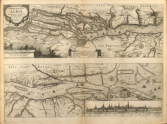 JANSSONIUS, J., Nobilis Fluvius Albis ... A Ioanne Ianssonio Amstelodami / Emporium Hamburgum, antique map, old maps
