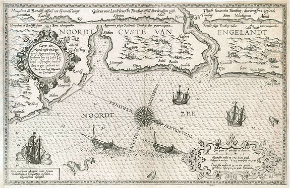 WAGHENAER, L., Caerte der Noordt custe va Engelandt, beginnende van Robinhodes baij tot Cocket Eijlandt,..., antique map, old maps