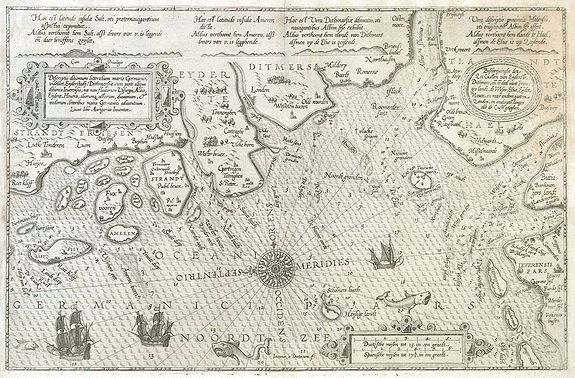 WAGHENAER, L., Beschrijvinghe der Zee Custen van Eiderste, Dithmers, en ee deel vant Fromges landt, ..., antique map, old maps