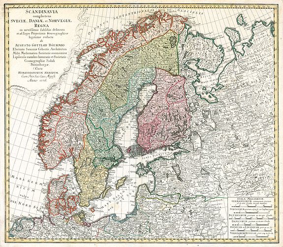 Homann Heirs, Scandinavia complectens Sveciae, Daniae et Norvegiae Regna ..., antique map, old maps
