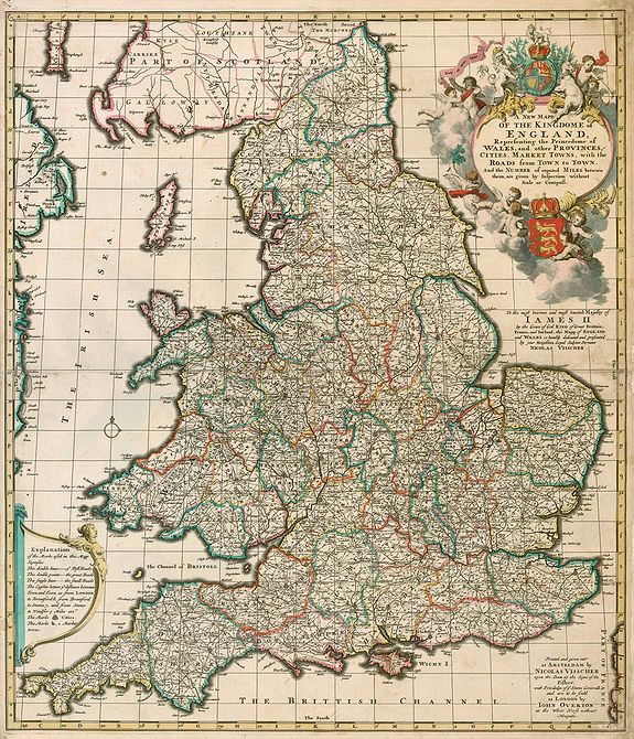 VISSCHER, N. - OVERTON, J., A New Mapp of the Kingdome of England, Representing the Princedome of Wales, and other Provinces, Cities, Market Towns, with the roads from Town to Town., antique map, old maps