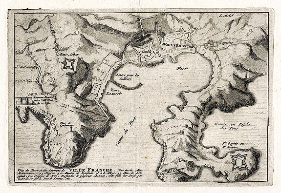 DE FER, N., Veue du Port et des Envirions de Ville Franche ..., antique map, old maps