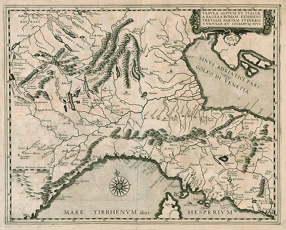 HOGENBERG, A., Tabula Alpium et Italiae a Basilea Romam..., antique map, old maps
