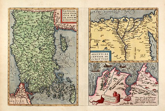 ORTELIUS, A., Natoliae, quae olim Asia Minor Nova Descriptio - Aegypti Recentior Descriptio - Carthaginis Celeberrimi Sinus Typus, antique map, old maps